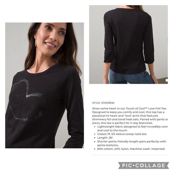 Chicos black Heart tunic Top 3/4 sleeve XL 3 - Picture 2 of 8